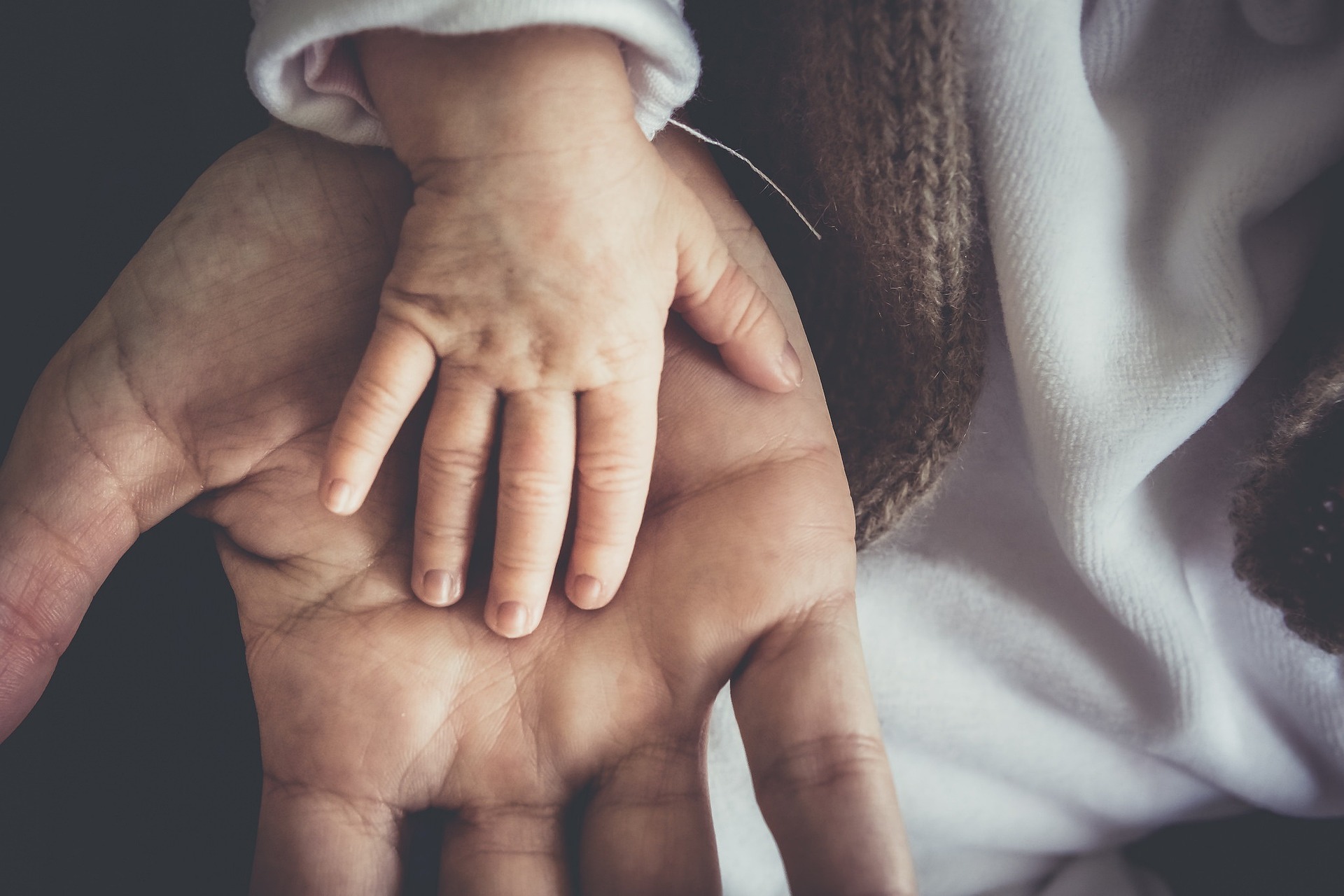 Hands reaching toward one another, symbolizing connection across generations.