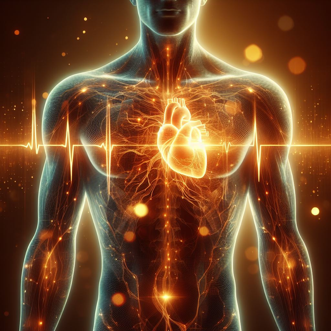 Glowing human heart with electrical signal.
