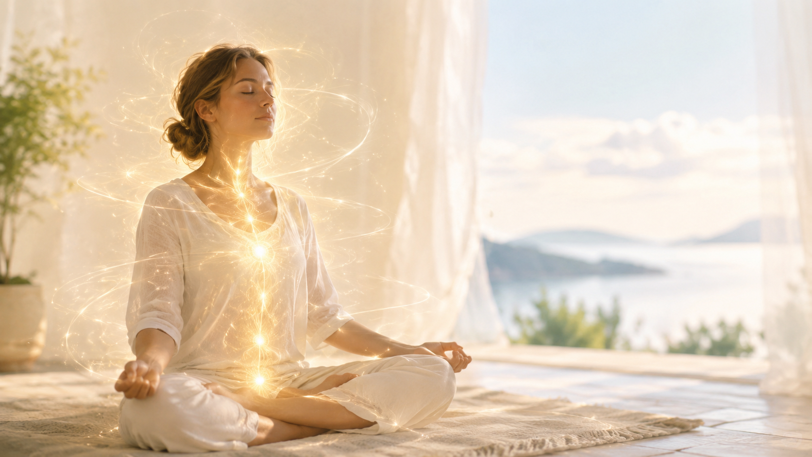 Woman meditating with golden energy surrounding her body.